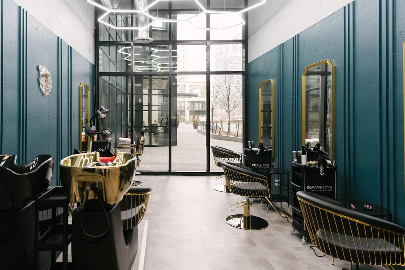 Interior of AP Beauty Studio luxury salon in Vaughan, Ontario featuring European-style decor and styling chairs