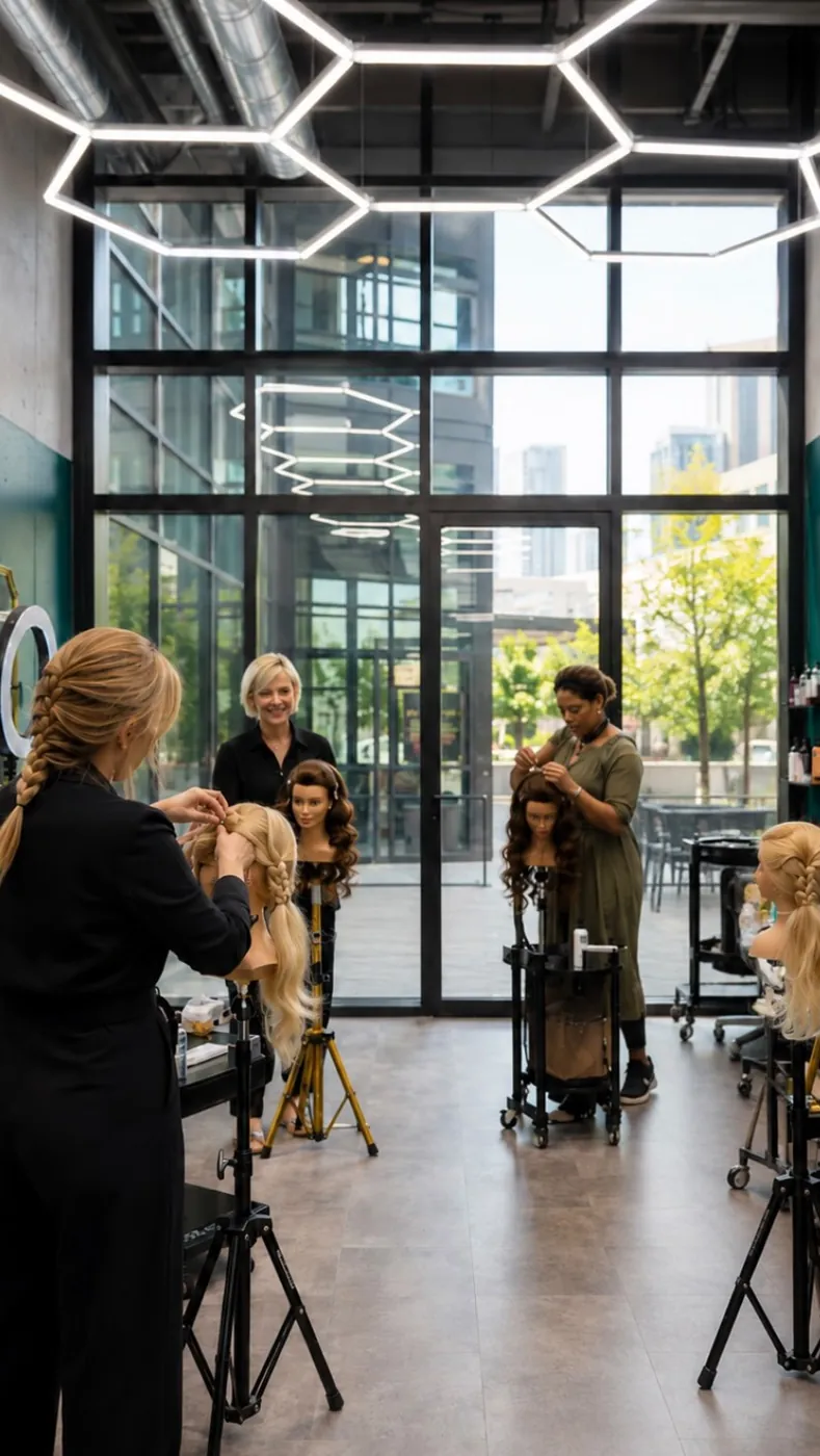 Hair stylists training together in a bright salon