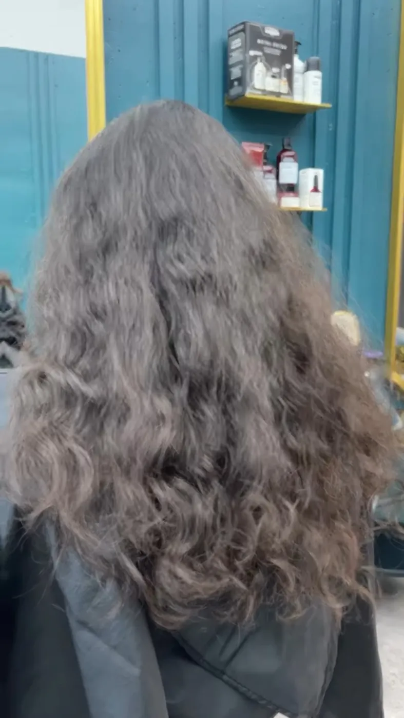 Before: long, natural dark hair, seen from the back