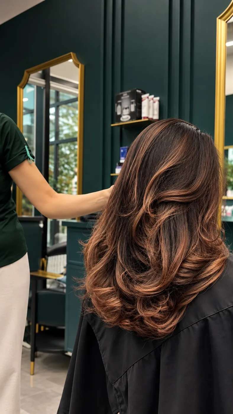 Long brunette hair with soft, blended balayage through the lengths